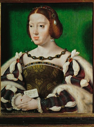 Koningin Eleonora van Frankrijk, echtgenote van François I van Frankrijk, dochter van Filips de Schone, zus van keizer Karel V ... (olieverf op eikenhout) door Joos van Cleve