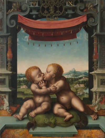 De zuigelingen Jezus Christus en Johannes de Doper die elkaar omhelzen door Joos van Cleve