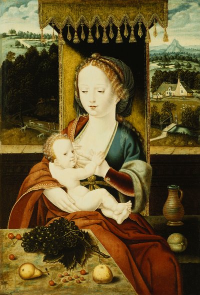 De Madonna en Kind, Zittend Onder een Baldakijn, aan een Tafel met Fruit, in een Landschap door Joos van Cleve