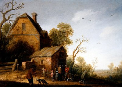 Een boslandschap met figuren en honden door Joost Cornelisz. Droochsloot