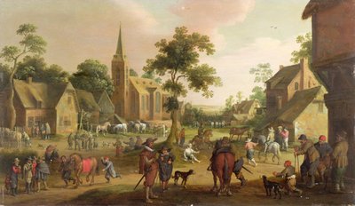 Reizigers, Bedelaars en Paardenhandelaren in een Dorp door Joost Cornelisz. Droochsloot