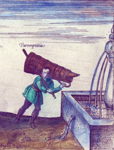 Een leerling die water haalt uit een fontein (detail) door Joris Hoefnagel