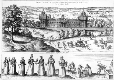 Aankomst van koningin Elizabeth I in Nonesuch Palace en mannen en vrouwen uit de Tudor-samenleving, 1582 door Joris Hoefnagel