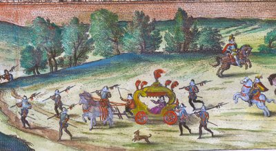 Aankomst van koningin Elizabeth I in Nonesuch Palace met haar hovelingen, bewakers en honden (detail) door Joris Hoefnagel