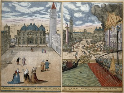 Uitzicht op San Marco, en het Palazzo Ducale in brand, uit 