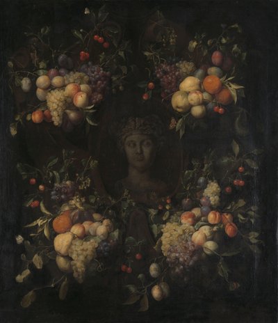 Gesimuleerde gebeeldhouwde kop van een vrouw in een cartouche versierd met fruitguirlandes door Joris van Son