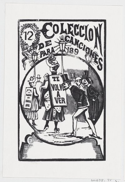 Een man buigt zich voorover om naar een vrouw met een bord op haar rug te kijken, illustratie voor, ca. 1890 door José Guadalupe Posada