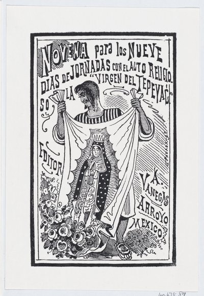 Een man houdt een stuk stof omhoog met een afbeelding van de Maagd, illustratie voor ..., ca. 1880-1910 door José Guadalupe Posada