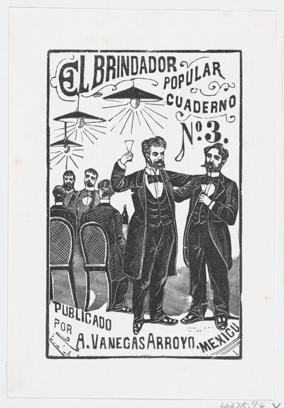Een man heft zijn glas op met een groep mannen die aan een tafel zitten op de achtergrond door José Guadalupe Posada