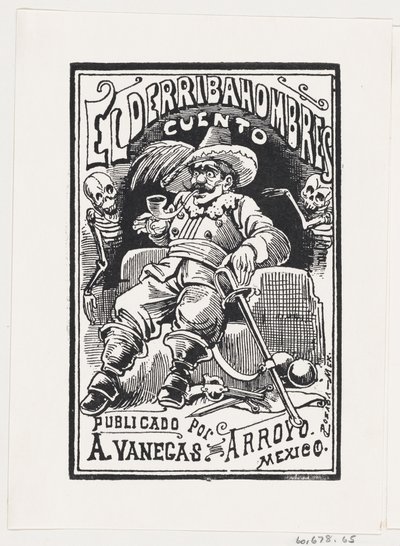 Een man met wapens en een pijp in zijn mond geflankeerd door twee skeletten, illustratie, ca. 1880-1910 door José Guadalupe Posada