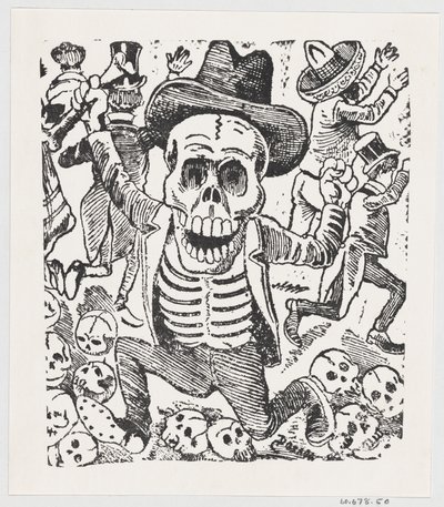 Een skelet dat een bot vasthoudt en over een stapel schedels springt terwijl mensen vluchten, ca. 1907 door José Guadalupe Posada