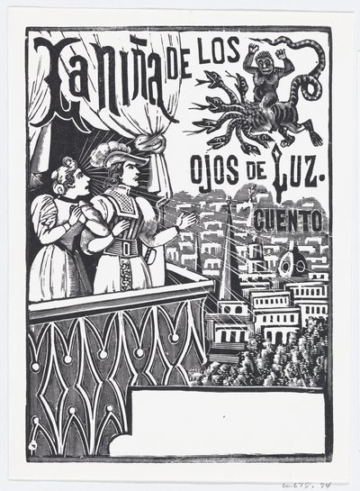 Een vrouw en een man die op een balkon staan en naar een vliegend monster in de lucht kijken..., ca. 1880-1910 door José Guadalupe Posada