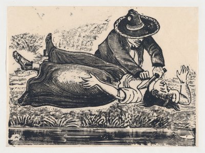 Francisco Guerrero, de vestenmaker en moordenaar, die een vrouw vermoordt, ca. 1905-1910 door José Guadalupe Posada