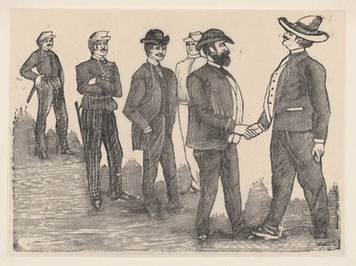 Twee mannen die elkaar de hand schudden op de voorgrond en officieren die hen bekijken op de achtergrond door José Guadalupe Posada
