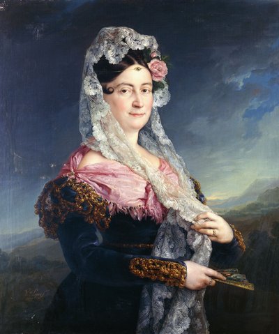 Portret van Dona Maria de los Dolores Gomez de las Casas e Ibarrondo, de eerste markiezin van Ulagares, staand driekwart lengte door Jose Camaron
