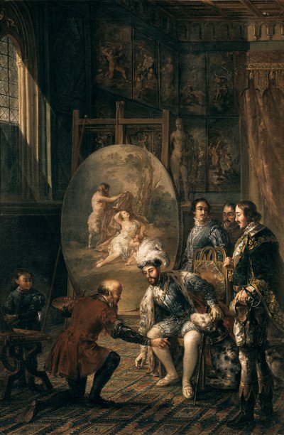 Keizer Karel V raapt de penseel op van schilder Tiziano Vecellio, schilder aan het hof van de keizer door Jose Felipe Parra