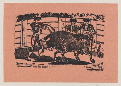 Ein Torero platziert Banderillas in die Schultern des Stiers, während zwei Männer hinter dem Stier stehen door José Guadalupe Posada