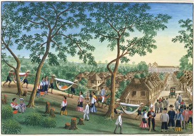 Uitstapje naar het Antipolo Fiesta, uit "Het Febus Album van Zichten In en Rond Manilla", ca. 1845 door Jose Honorato Lozano