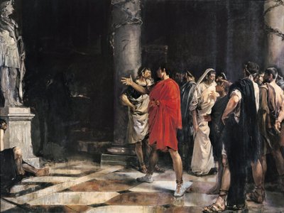 Julius Caesar (Caius Iulius Caesar) (101-44 v.Chr.) voor het standbeeld van Alexander de Grote in de tempel van Hercules van Cadiz (Gadir) door Jose Morillo Ferrada