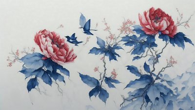 inkt schilderij: Pioen in blauw 02 door Josef Johann Michel
