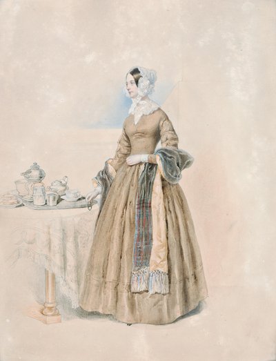 Portret van Prinses Leopoldine Karoline Palffy, geboren Gravin Kaunitz-Rietberg (echtgenote van de derde Prins Anton Karl Palffy), staand aan een gedekte theetafel door Josef Kriehuber