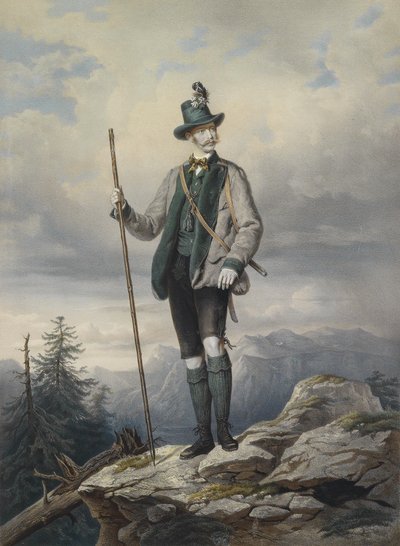 Portret van de jonge keizer in Ischler jachtkostuum, ingekleurde lithografie van Kriehuber, 67 x 49 cm door Josef Kriehuber