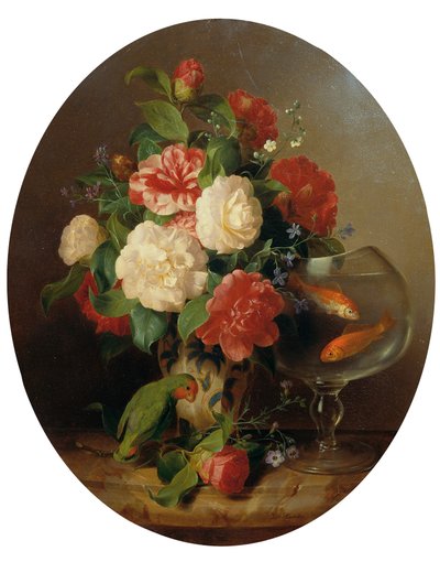 Bloemstuk met goudviskom door Josef Lauer