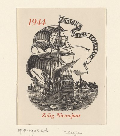 Nieuwjaarswens voor 1944 van Mária en Phons Schellart door Josef Leysen (Jef)