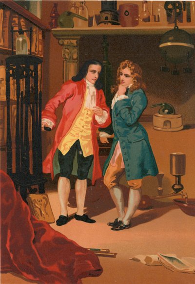 Robert Boyle en Denis Papin inspecteren Papin