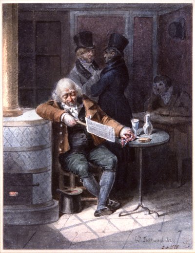 Oude man leest krant in een café, Parijs door Joseph Louis Hippolyte Bellange