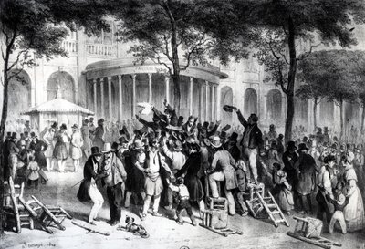 Lezing van de Besluiten Gepubliceerd in de Krant Moniteur in de tuinen van het Koninklijk Paleis in Parijs, 26 juli door Joseph Louis Hippolyte Bellange