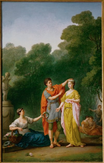 Een minnaar die zijn geliefde kroont met een bloemenkrans ... door Joseph Marie the Elder Vien
