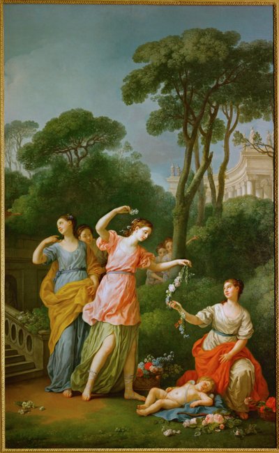 Jonge Griekse meisjes schenken slingers aan slapende Amor ... door Joseph-Marie the Elder Vien