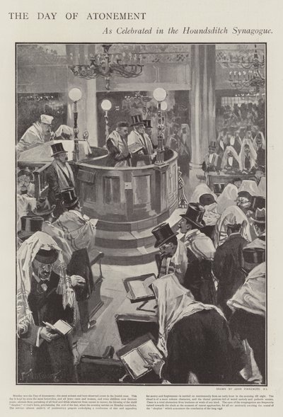 Het vieren van de Joodse Verzoendag in de Houndsditch-synagoge, Londen door Joseph (after) Finnemore