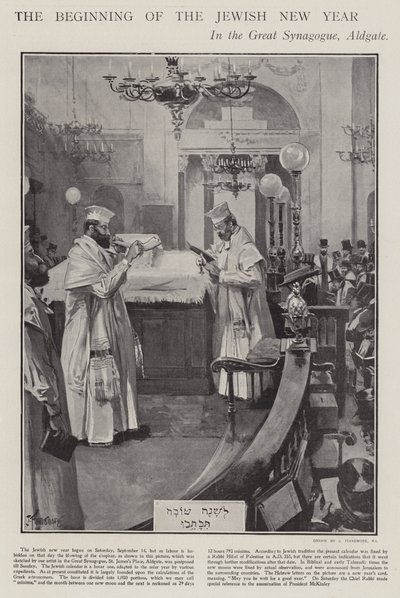 Het begin van het Joodse Nieuwjaar vieren in de Grote Synagoge, Aldgate, Londen door Joseph (after) Finnemore