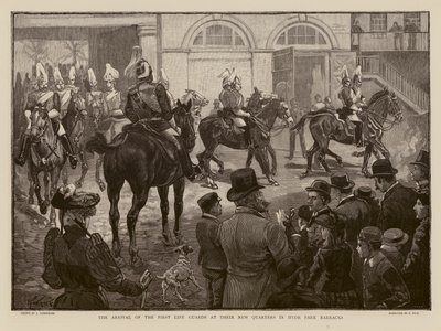 Life Guards arriveren bij hun nieuwe kazerne in Hyde Park, Londen (gravure) door Joseph (after) Finnemore