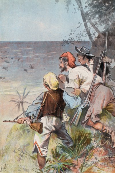 Robinson Crusoe: Binnengevallen door wilden door Joseph (after) Finnemore