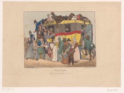 Passagiers proberen in volle omnibus te stappen door Joseph Ambroise Jobard