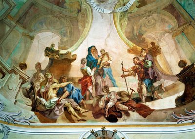Plafondfresco in de kerk van Birnau: direct onder de aanbidding van de herders, een zelfportret van de kunstenaar met een ingezwachteld been ... (fresco) door Joseph Anton (1696 1770) Feuchtmayer
