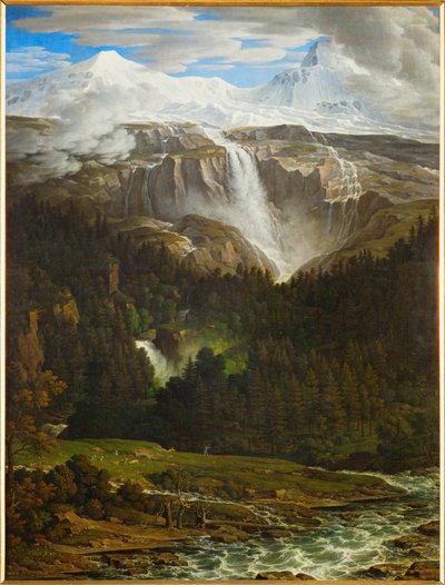 Schmadribach waterval in de Lauterbrunn vallei, Berner Oberland, Zwitserland ... (olieverf op doek) door Joseph Anton Koch