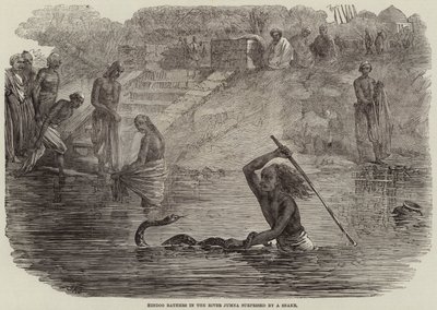 Hindoe baders in de rivier Jumna verrast door een slang door Joseph Austin Benwell