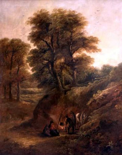 Boslandschap met zigeuners rond een vuur door Joseph Barker
