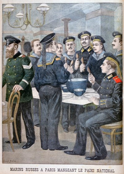 Russische mariniers eten paiki in Parijs, 1900 door Joseph Belon