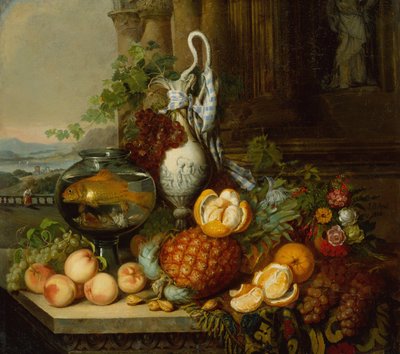 Stilleven met fruit, viskom en landschap door Joseph Biays Ord
