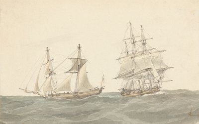 Barkentijn en fregat in zware zee door Joseph Cartwright