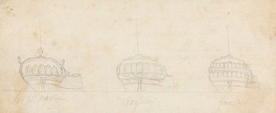 Decoratieve achterstevens van drie schepen door Joseph Cartwright