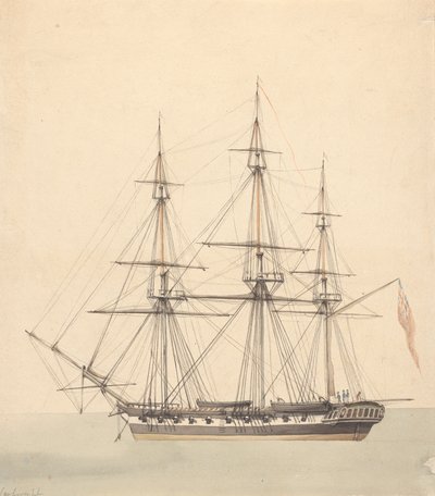 Enkele korvet (?) met drie figuren in marine-uniformen en Union Jack door Joseph Cartwright