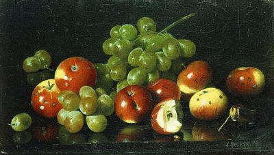 Stilleven met sierappels en druiven door Joseph Decker