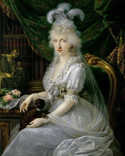 Duits: Marie Luise (Ludovica) van Napels-Sicilië (1773-1802), echtgenote van Ferdinand III van Toscane, zittend aan een tafel, knielang portret van Luisa Maria Amelia Teresa van Napels en Sicilië, prinses van Napels en Sicilië (1773-1802), groothertogin-ge door Joseph Dorffmeister