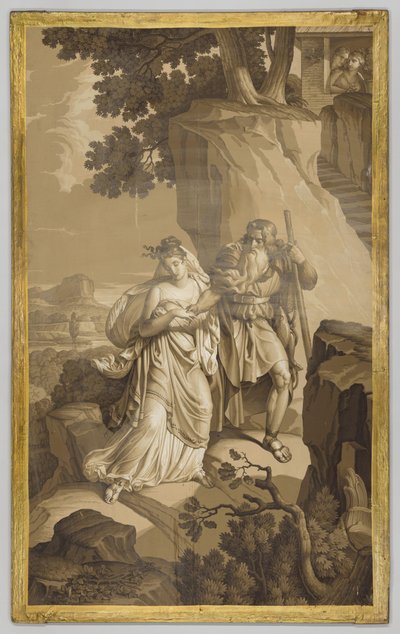 Behangsel, paneel, met voorstelling uit Les Amours de Psyche: Psyche op in rotsen uitgehouwen trap, in grisailletinten door Joseph Dufour